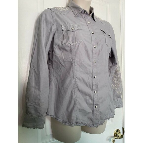 Noble Outfitters Large Western Snap Button Up Rodeo Shirt Equestrian Raw Hem - Picture 6 of 9